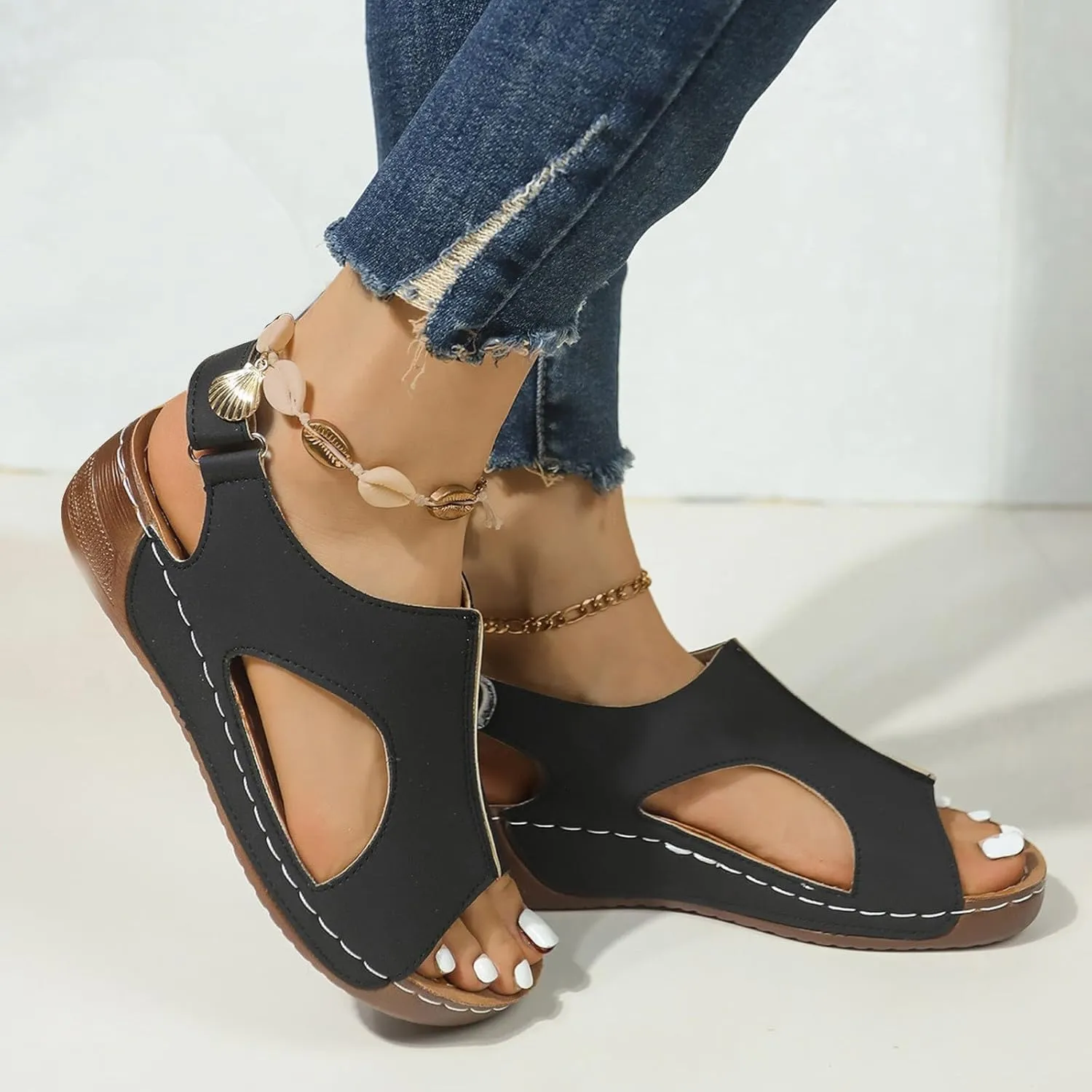 Summer Sandals for Women 2025 Platform Sandals Bohemia Ankle Strap Wedge Orthopedic Sandal for Women Open Toe Flip-Flops Lightweight Wedge Sandal Casual Walking Low Walking Shoes 2025