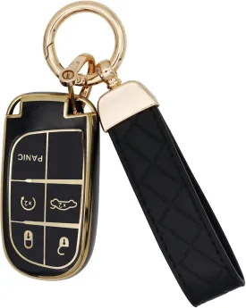 SUNCARACCL for Jeep Key Fob Cover with Leather Keychain, Soft TPU Full Cover Protection Key Case for Grand Cherokee Renegade Dodge Durango Challenger Journey Smart Key
