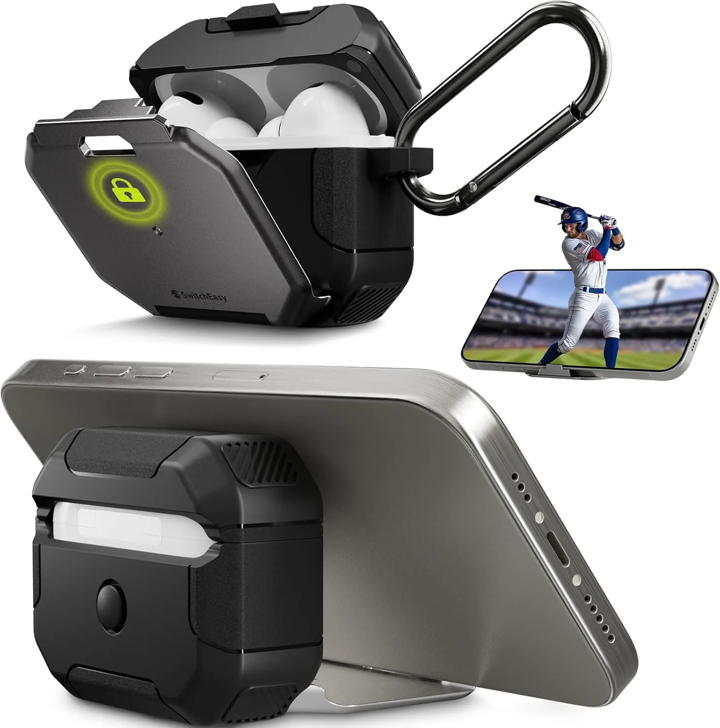 SwitchEasy Defender  AirPods Pro Locking Case 2nd Generation & 1st Generation - Wireless Charging Case with Phone Stand, Shockproof Protection for Apple AirPods, AirPod Pro Case with Lock - Space Gray