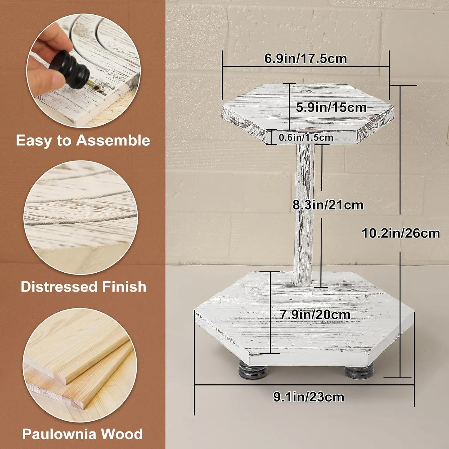 Tikea Hexagonal Wood Riser for Display, 2-Tier Wood Farmhouse Riser for Kitchen Bathroom Counter Decor, Decorative Tray for Soap Dispenser, Decorations and Plant (White)