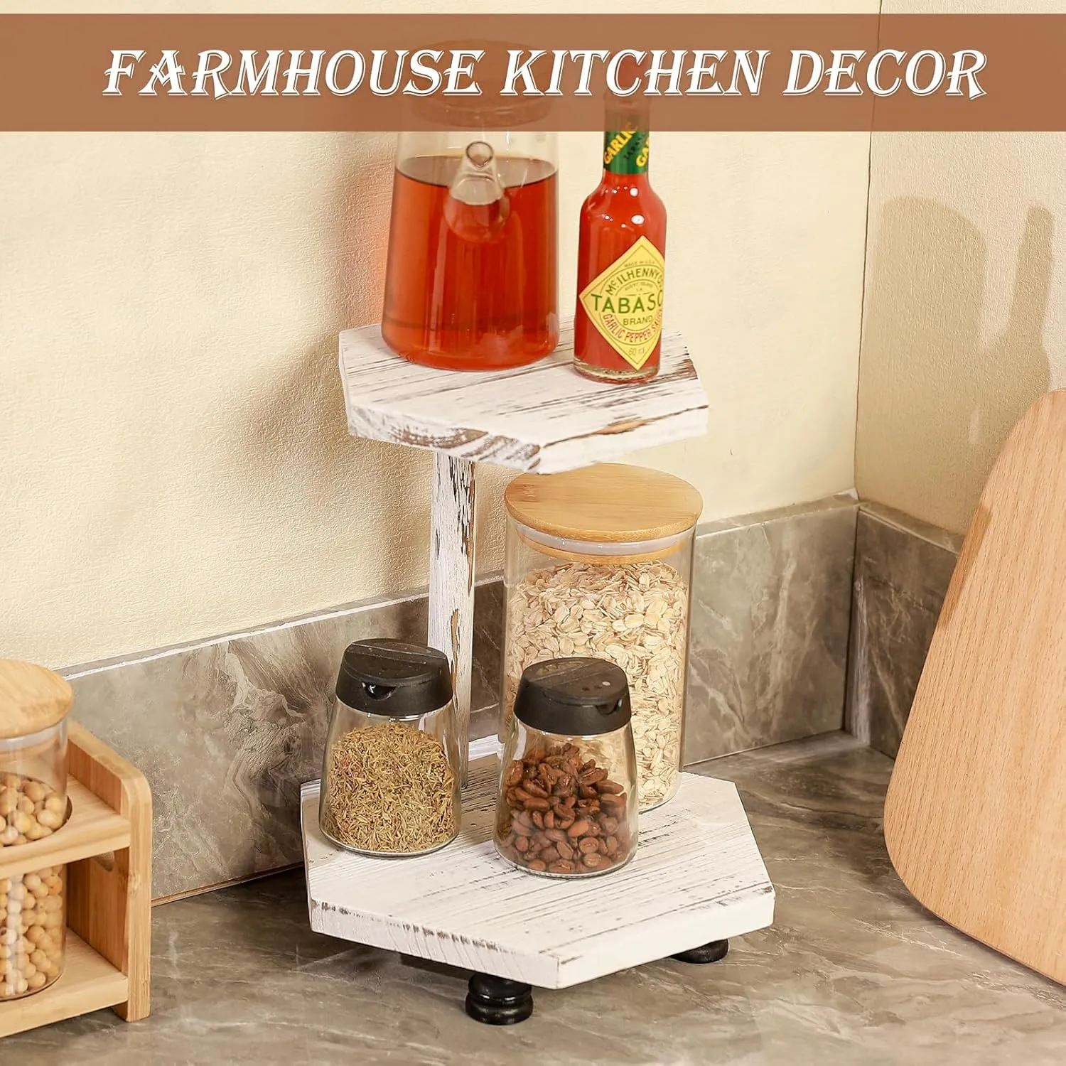 Tikea Hexagonal Wood Riser for Display, 2-Tier Wood Farmhouse Riser for Kitchen Bathroom Counter Decor, Decorative Tray for Soap Dispenser, Decorations and Plant (White)