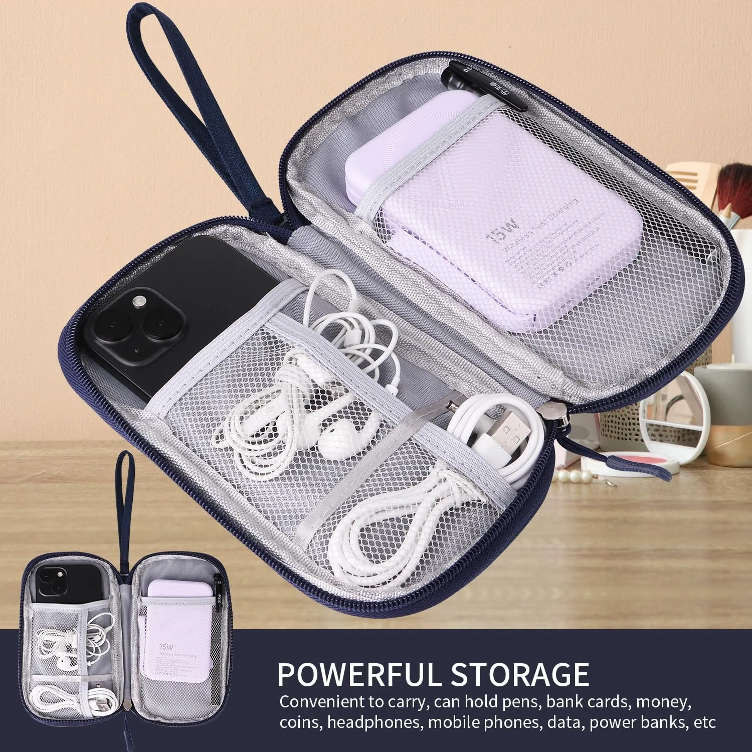 Travel Cable Organizer, Electronics Accessories Bag for Charger, Phone, Memory Card, Universal Gadget Organizer (Blue)