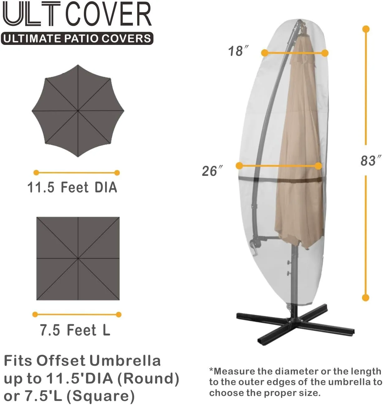 ULTCOVER Patio Parasol 600D Waterproof Outdoor Offset Banana Style Umbrella Cover - Fits Cantilever Offset Umbrella 7.5-11.5 Feet, Black