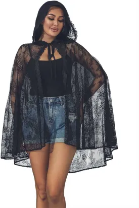 Unicra Black Lace Hooded Cloak Long Cape Halloween Costume Cloak 3/4 Length Cosplay Party Cape for Women