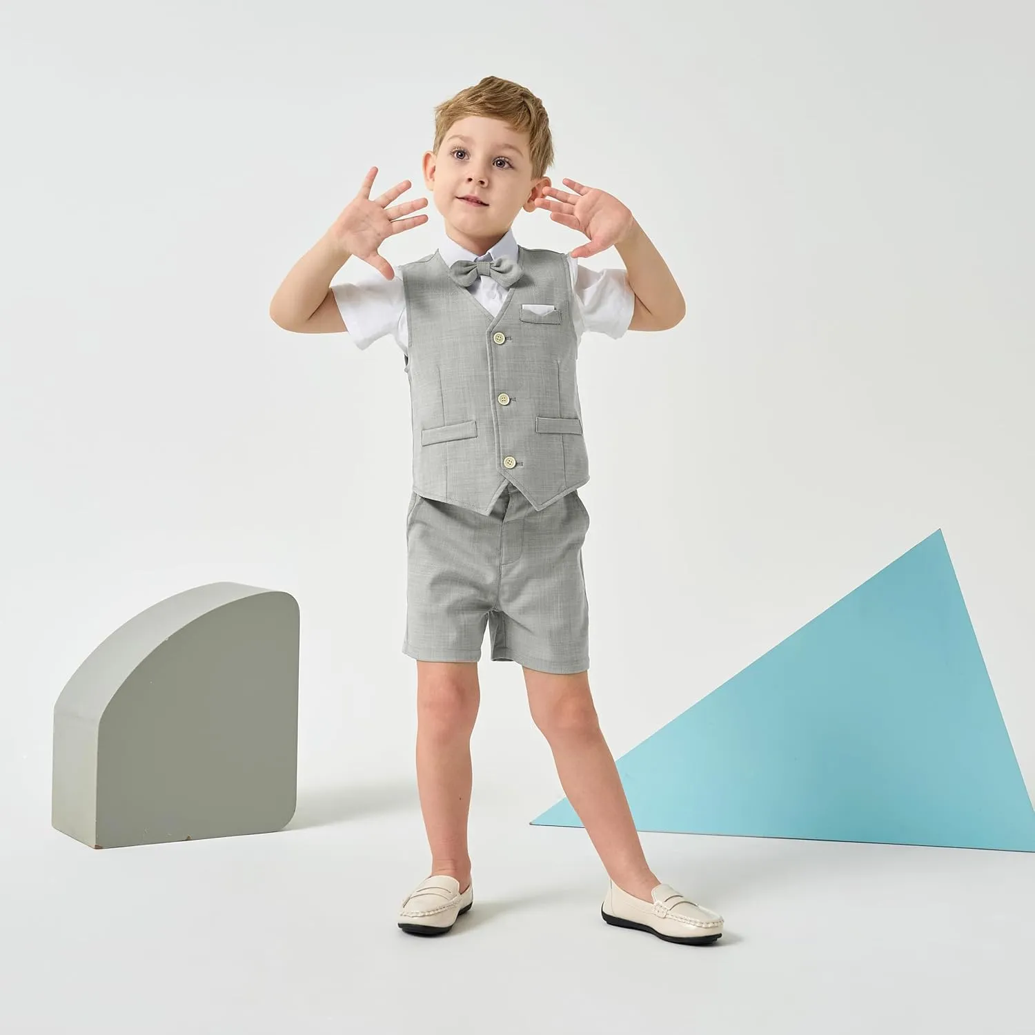 Volunboy Baby Boys Summer Suits Short Sleeve Wedding Ring Bearer Outfits 4Pcs Graduation Dress Vest Shirt Bowtie Shorts Set