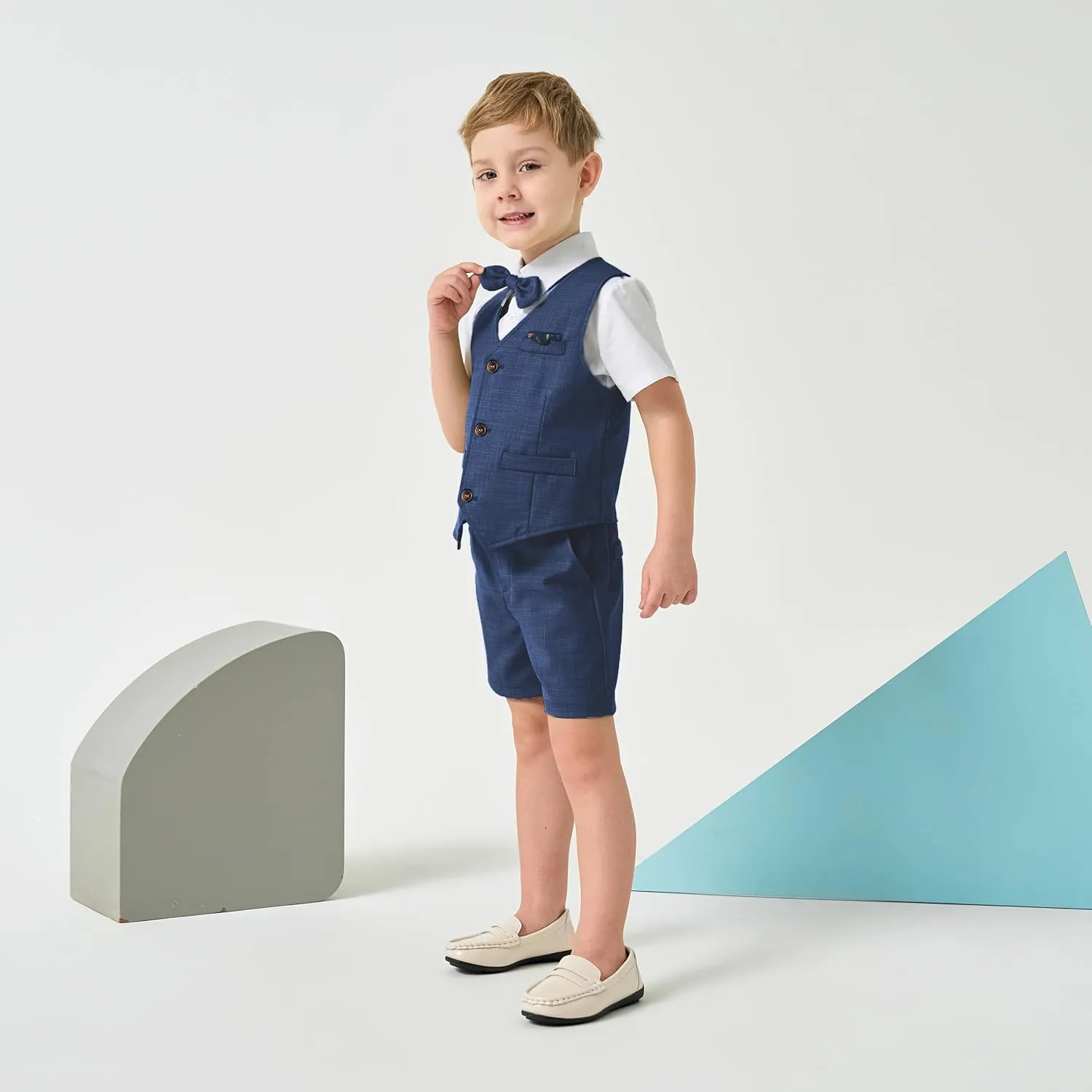 Volunboy Baby Boys Summer Suits Short Sleeve Wedding Ring Bearer Outfits 4Pcs Graduation Dress Vest Shirt Bowtie Shorts Set