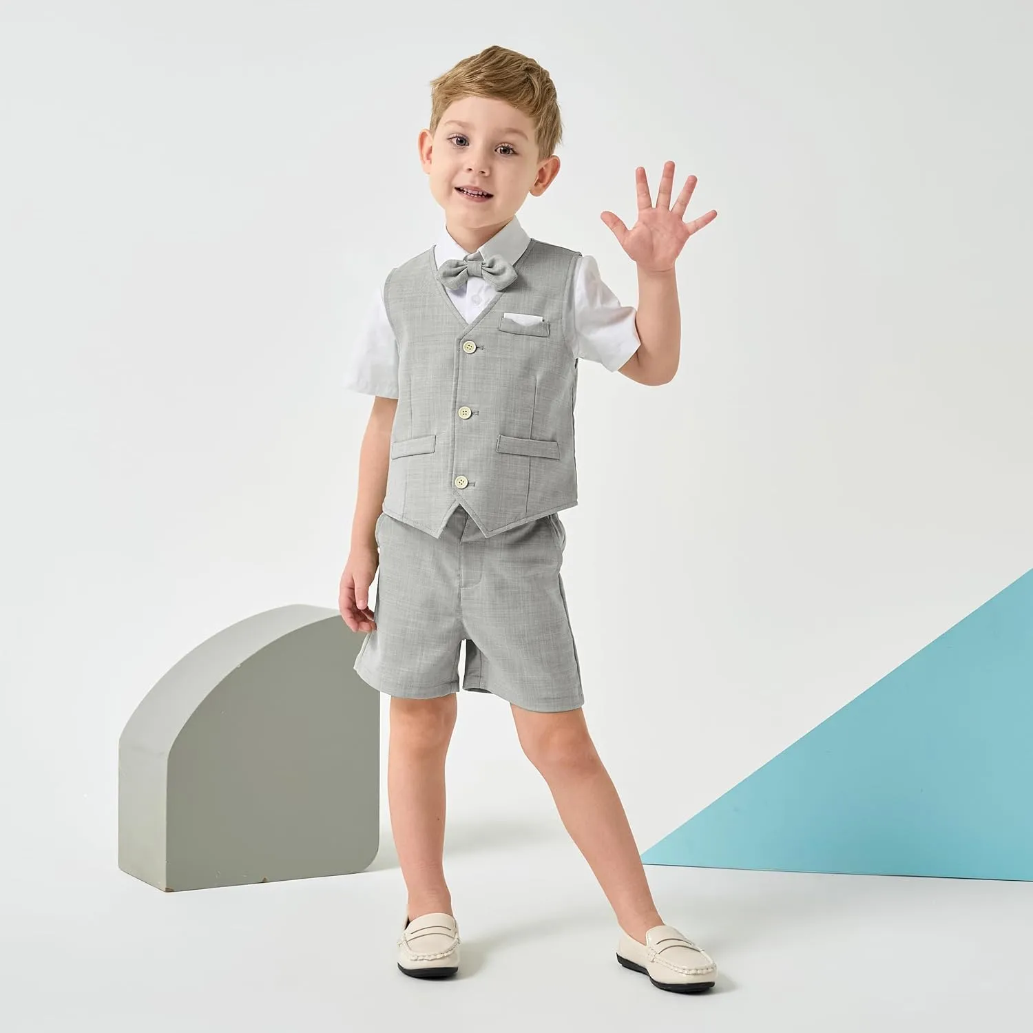 Volunboy Baby Boys Summer Suits Short Sleeve Wedding Ring Bearer Outfits 4Pcs Graduation Dress Vest Shirt Bowtie Shorts Set