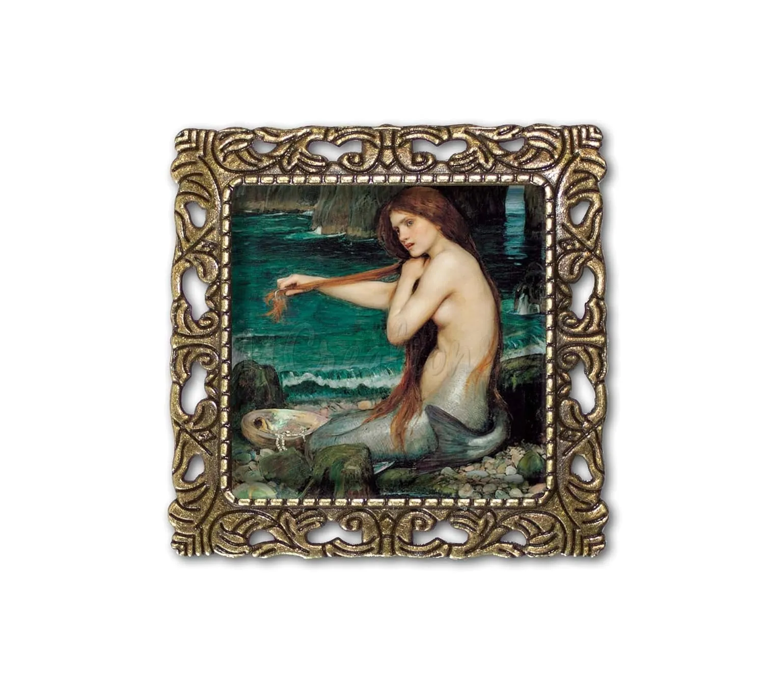 Waterhouse Vintage Art A Mermaid Handmade Square Glass Baroque Style BROOCH or Pin Jewelry (Antique Bronze Tone)