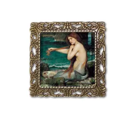 Waterhouse Vintage Art A Mermaid Handmade Square Glass Baroque Style BROOCH or Pin Jewelry (Antique Bronze Tone)