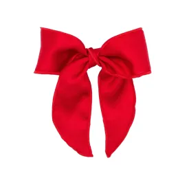 Wee Ones Girls' Satin Bowtie with Twisted Wrap and Whimsy Tails on a WeeStay Hair Clip, Medium, Red