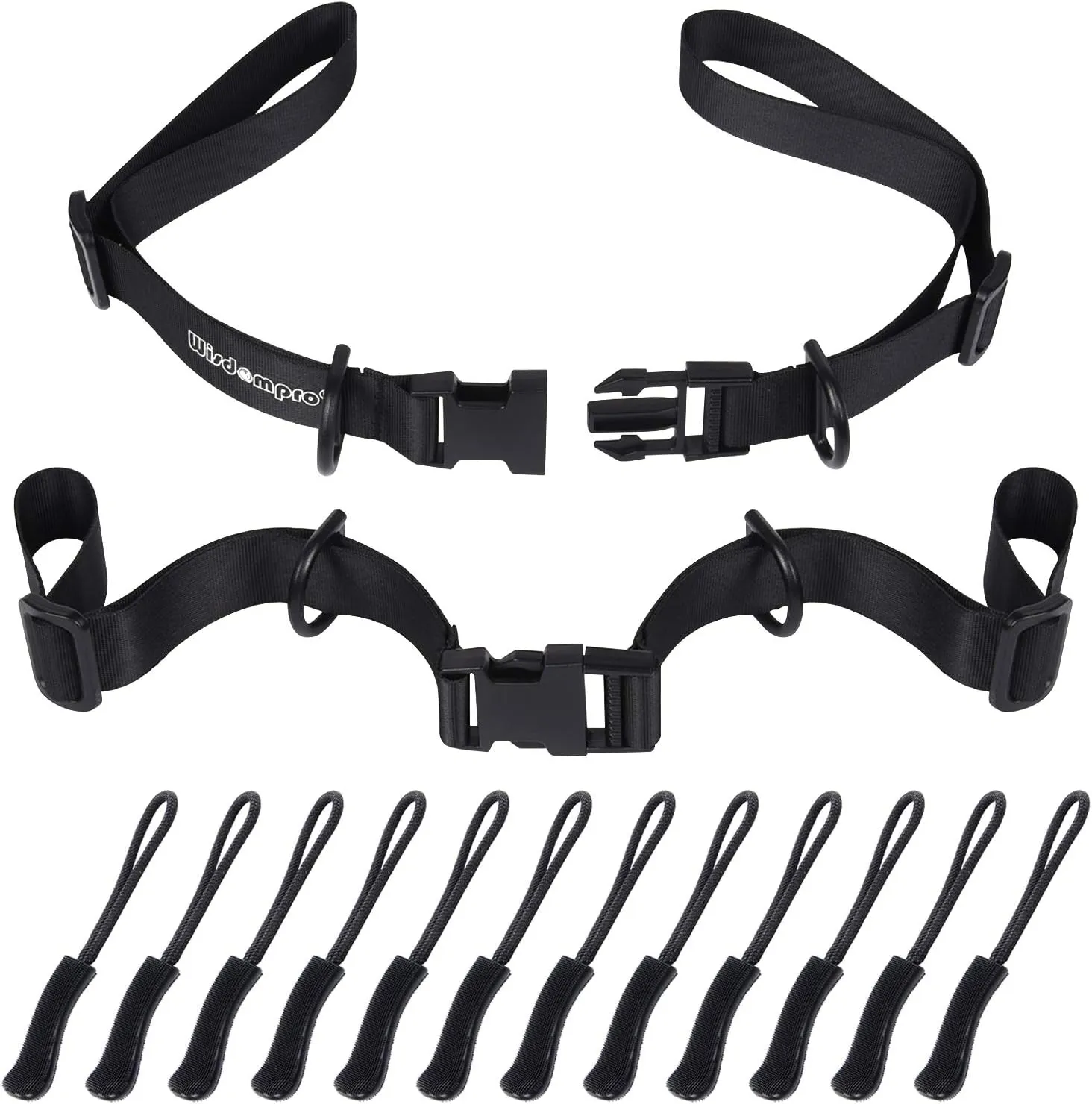 Wisdompro 2 Pack Backpack Chest Straps, Heavy Duty Adjustable Backpack Sternum Strap Belt with 12 Pieces Zipper Pulls - Black
