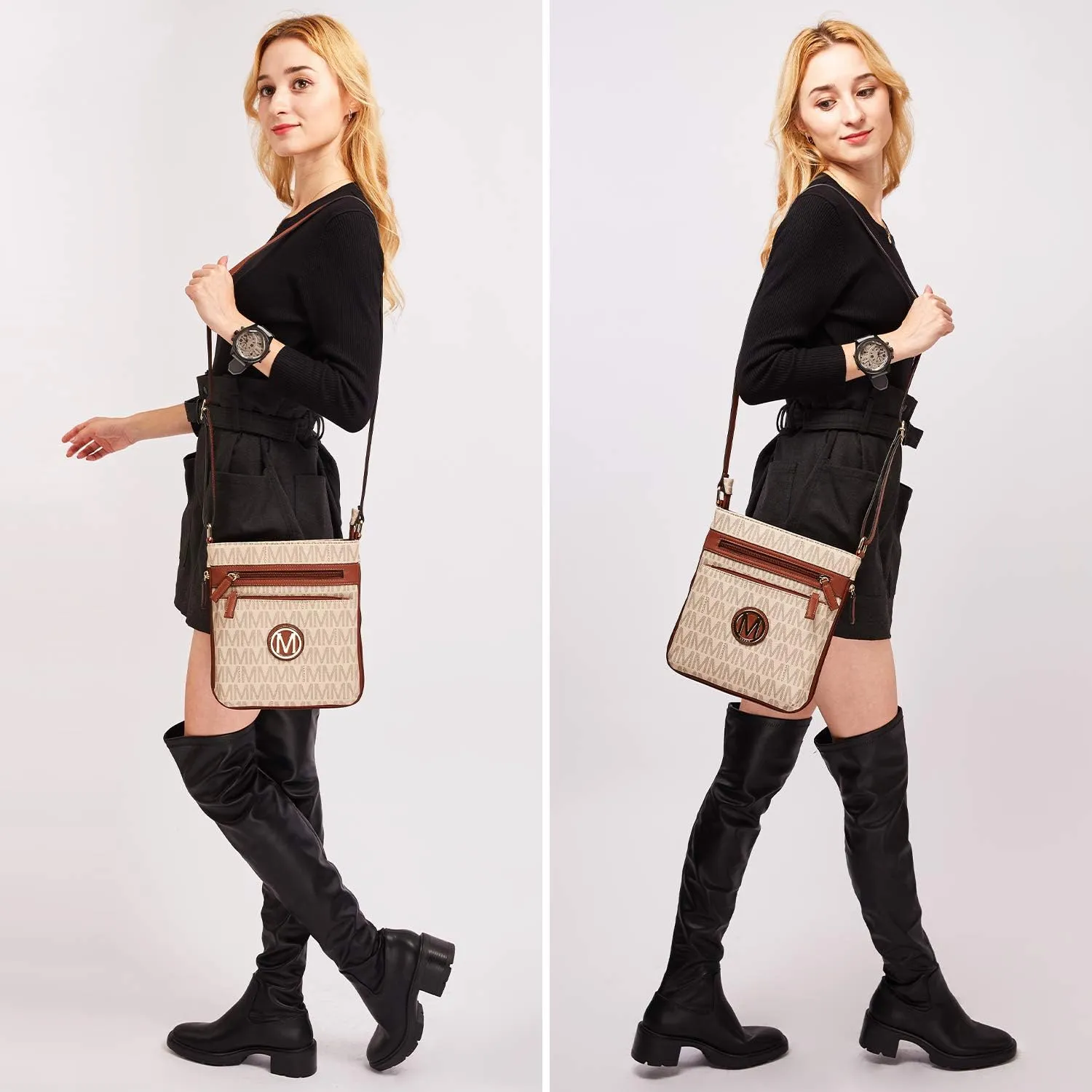 Women Crossbody Purses Multi Pockets Large Signature Monogram Zip Shoulder Bags Ladies PU Leather Handbag