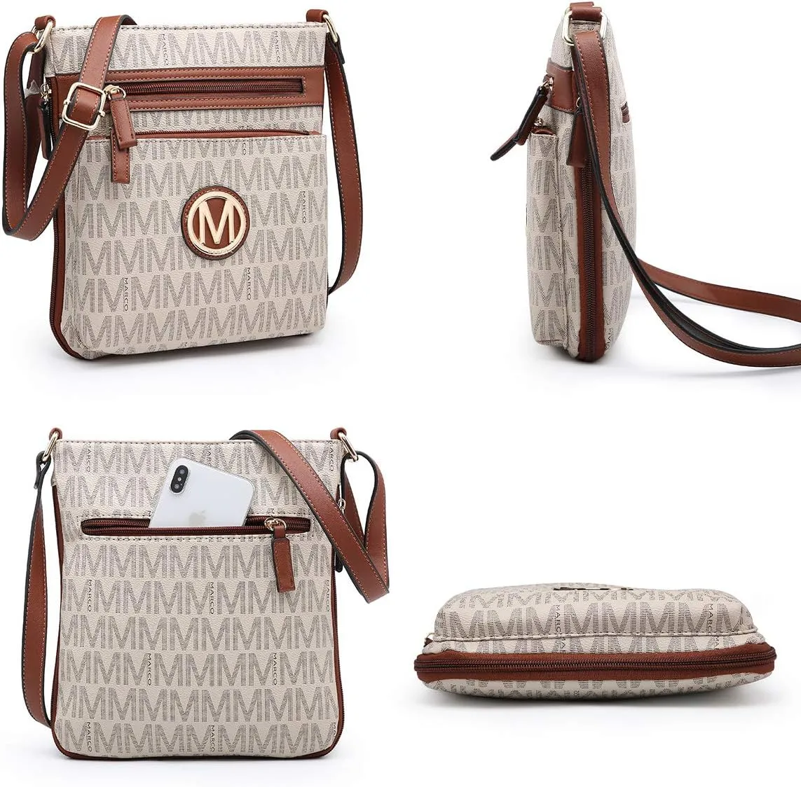 Women Crossbody Purses Multi Pockets Large Signature Monogram Zip Shoulder Bags Ladies PU Leather Handbag