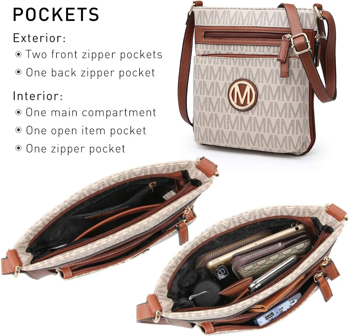 Women Crossbody Purses Multi Pockets Large Signature Monogram Zip Shoulder Bags Ladies PU Leather Handbag