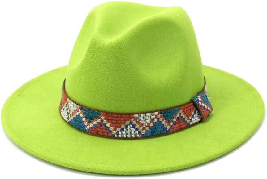 Women Men Fedora Hats with Ethnic Band Wide Brim Felted Cap Party Wedding Church Dress Hat
