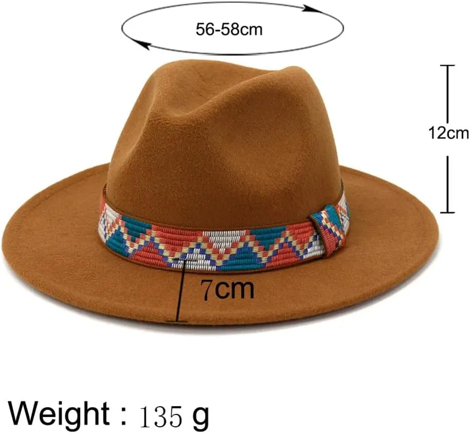 Women Men Fedora Hats with Ethnic Band Wide Brim Felted Cap Party Wedding Church Dress Hat
