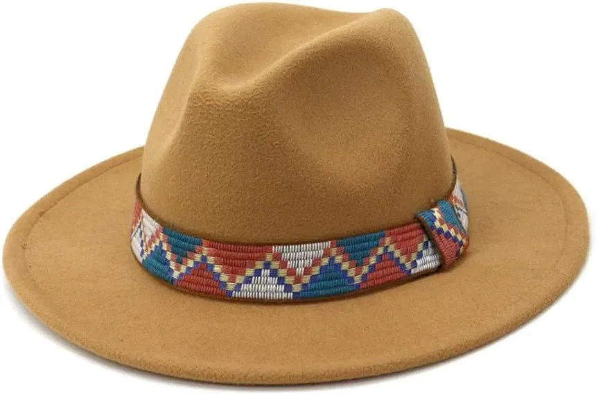 Women Men Fedora Hats with Ethnic Band Wide Brim Felted Cap Party Wedding Church Dress Hat