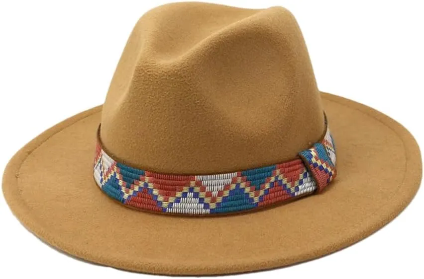 Women Men Fedora Hats with Ethnic Band Wide Brim Felted Cap Party Wedding Church Dress Hat