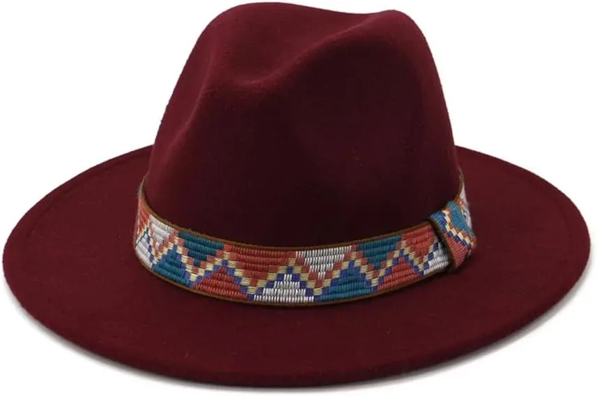Women Men Fedora Hats with Ethnic Band Wide Brim Felted Cap Party Wedding Church Dress Hat