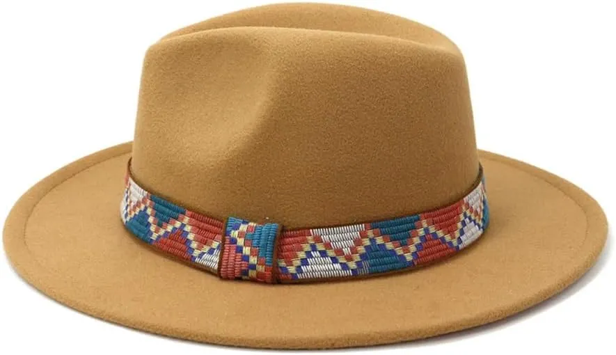 Women Men Fedora Hats with Ethnic Band Wide Brim Felted Cap Party Wedding Church Dress Hat