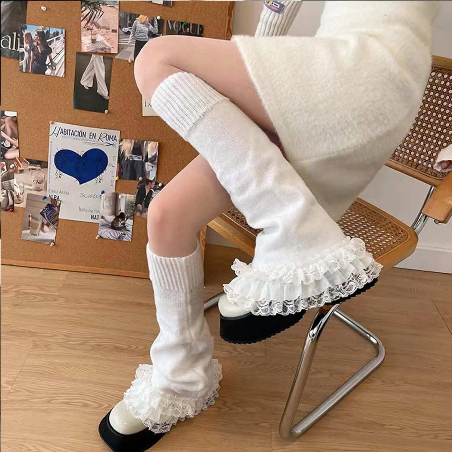 Women' s Lace Leg Warmers Y2K Kawaii Lolita Leg Warmer Knit White Black Flared Leg Socks Cute for Grils