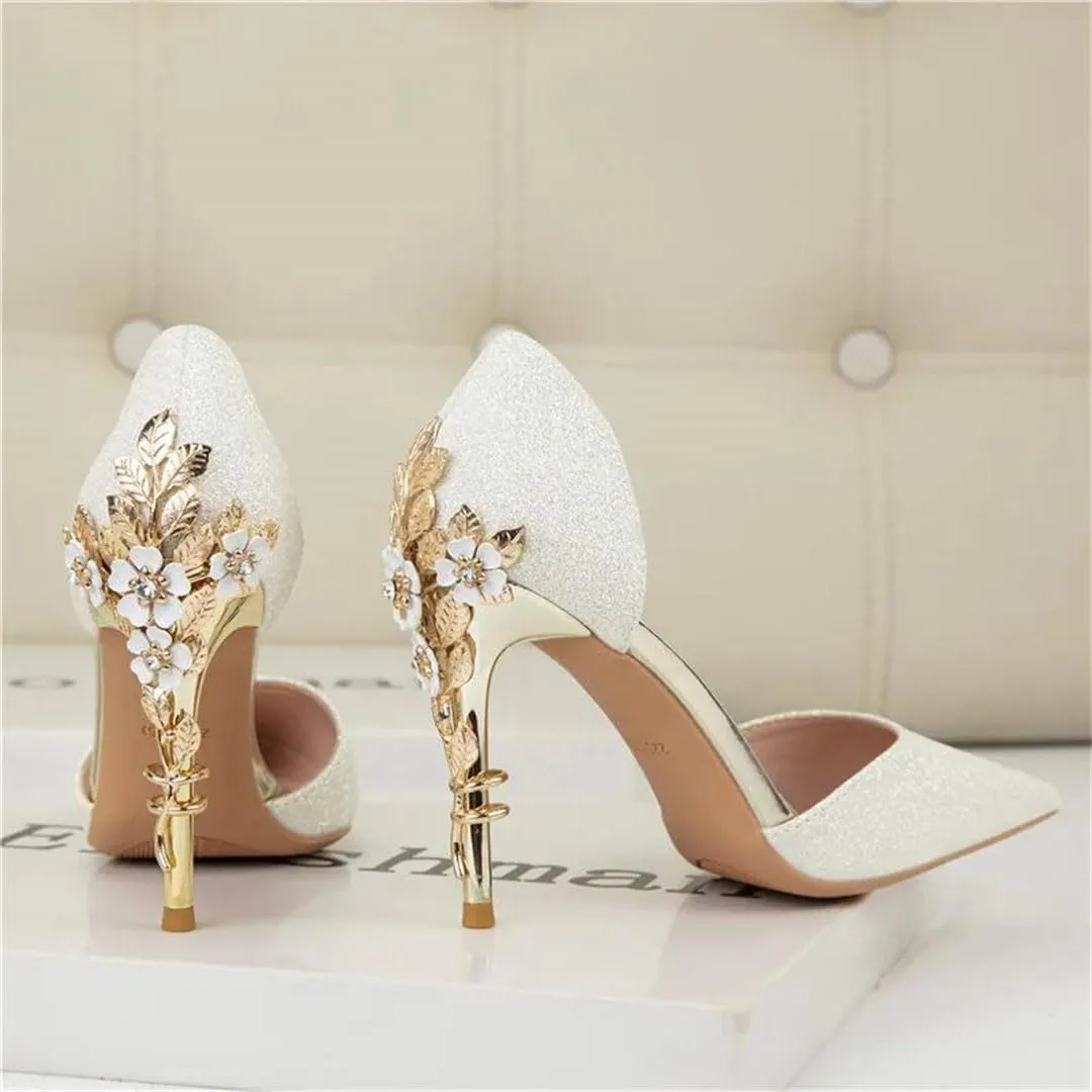 Women Summer High Heels Sandals Sequins Glitter Bling Carved Flower Metal Heels Stripper Wedding Bridal Shoes Ankle Strap