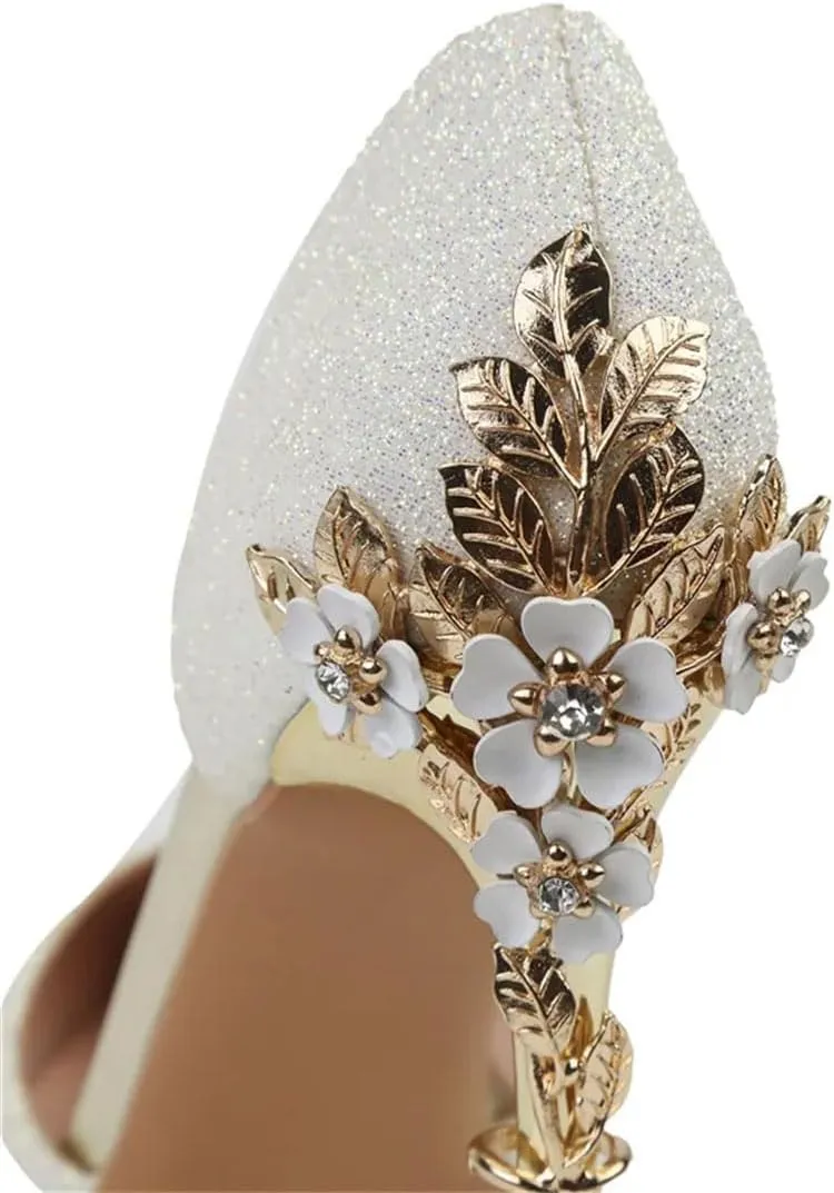 Women Summer High Heels Sandals Sequins Glitter Bling Carved Flower Metal Heels Stripper Wedding Bridal Shoes Ankle Strap