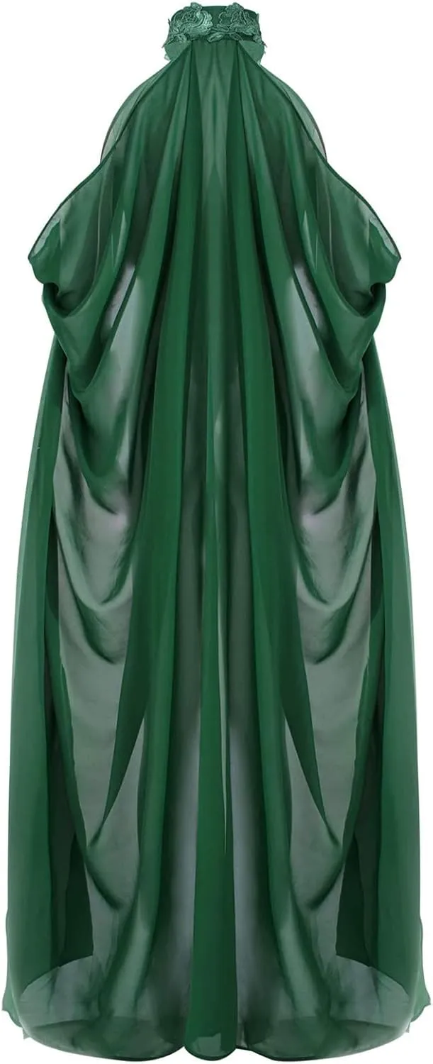 Women Vintage Embroidered Wedding Long Chiffon Cape Stand Collar Off Shoulder Bridal Veil Cloak Halter Capelets
