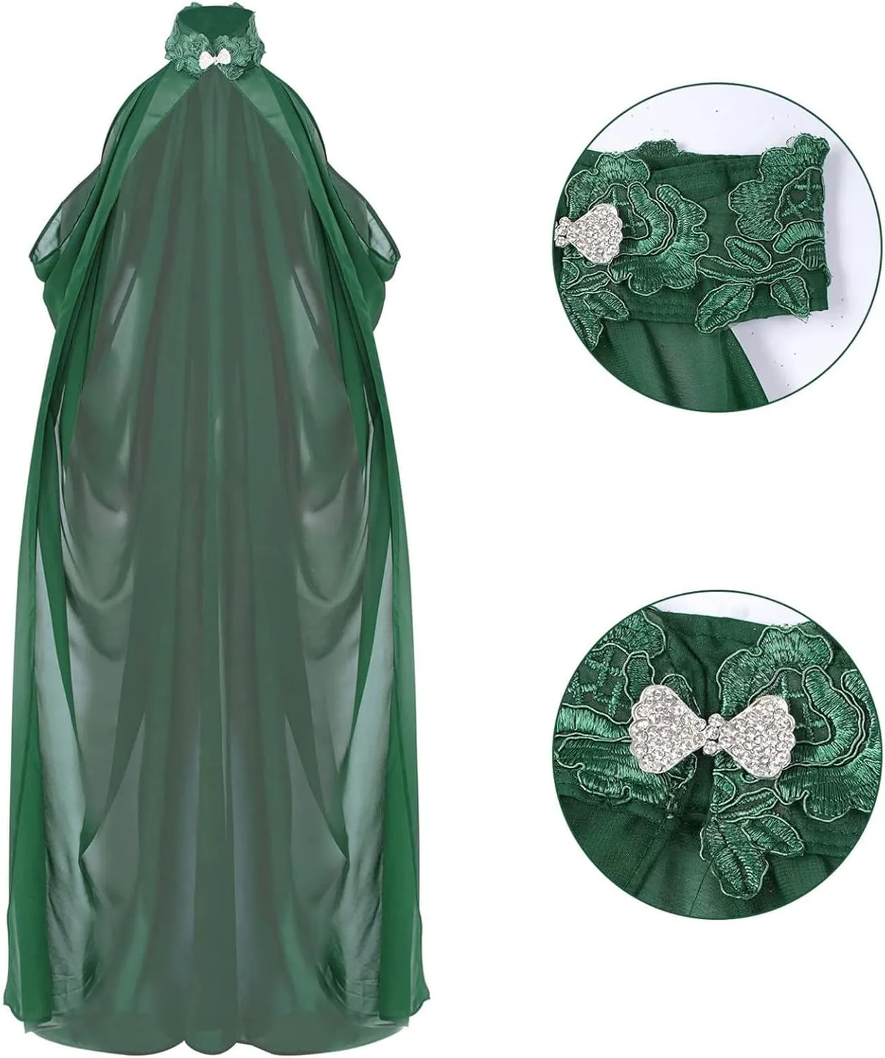 Women Vintage Embroidered Wedding Long Chiffon Cape Stand Collar Off Shoulder Bridal Veil Cloak Halter Capelets