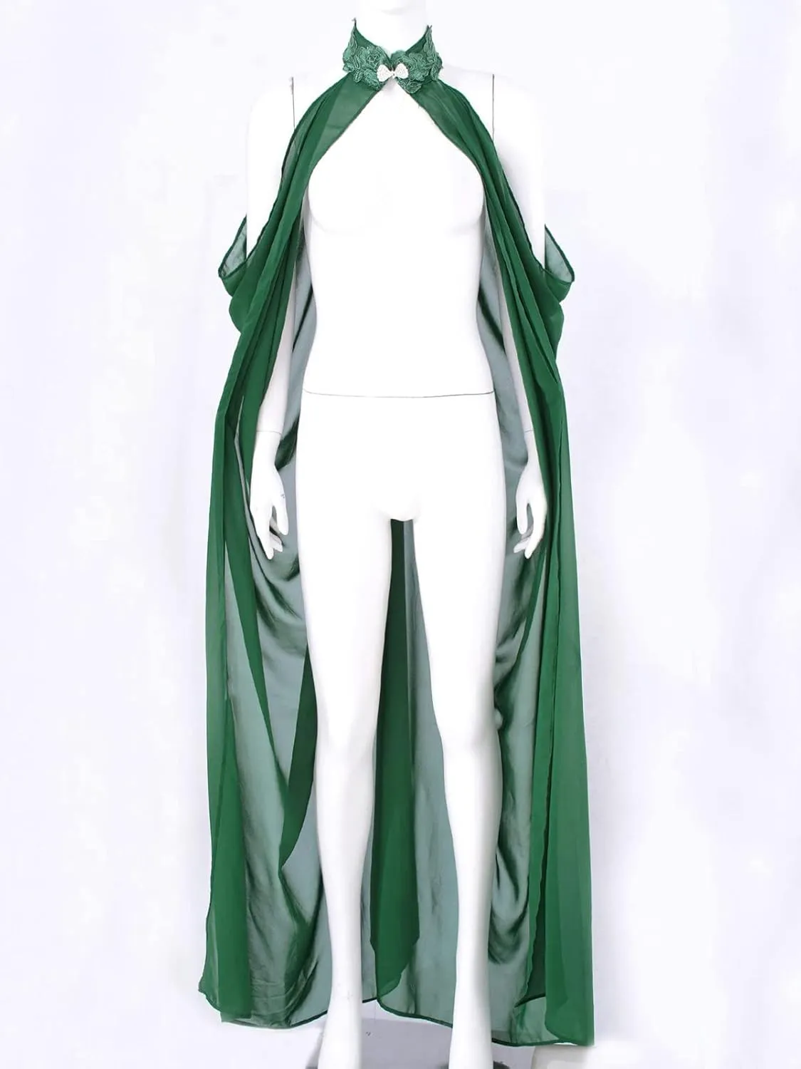 Women Vintage Embroidered Wedding Long Chiffon Cape Stand Collar Off Shoulder Bridal Veil Cloak Halter Capelets