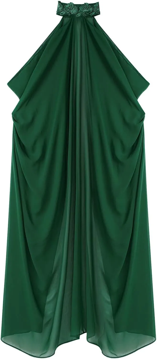Women Vintage Embroidered Wedding Long Chiffon Cape Stand Collar Off Shoulder Bridal Veil Cloak Halter Capelets