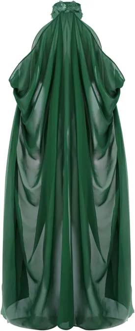 Women Vintage Embroidered Wedding Long Chiffon Cape Stand Collar Off Shoulder Bridal Veil Cloak Halter Capelets