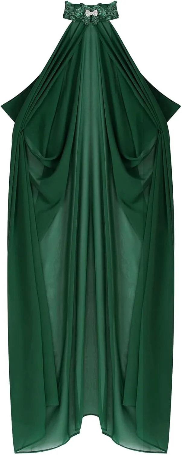 Women Vintage Embroidered Wedding Long Chiffon Cape Stand Collar Off Shoulder Bridal Veil Cloak Halter Capelets