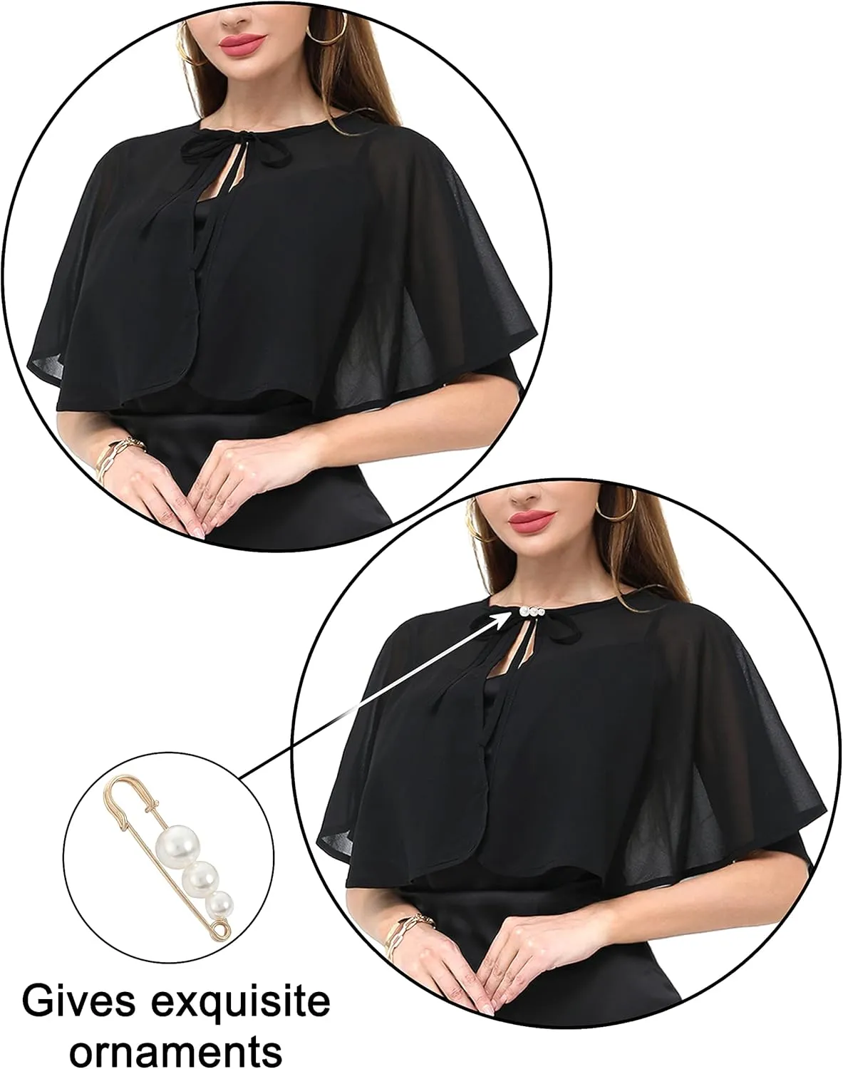 Women's Chiffon Shawl wraps Sheer Shrug Capelets for Evening Dress Wedding Cape Cover Up