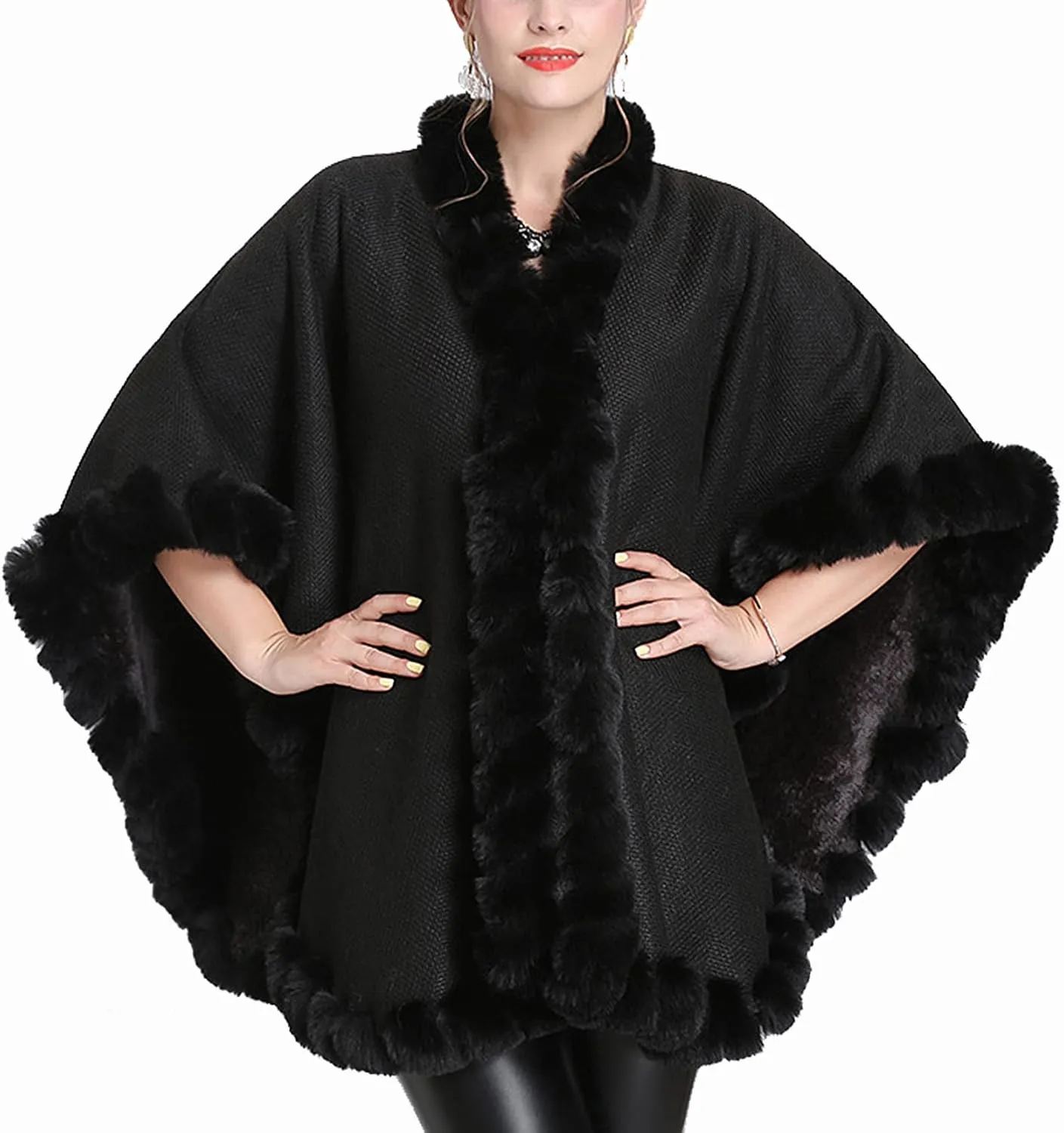 Women's Faux Rabbit Fur Cape Wrap Wool Coat Cardigan Poncho Warm