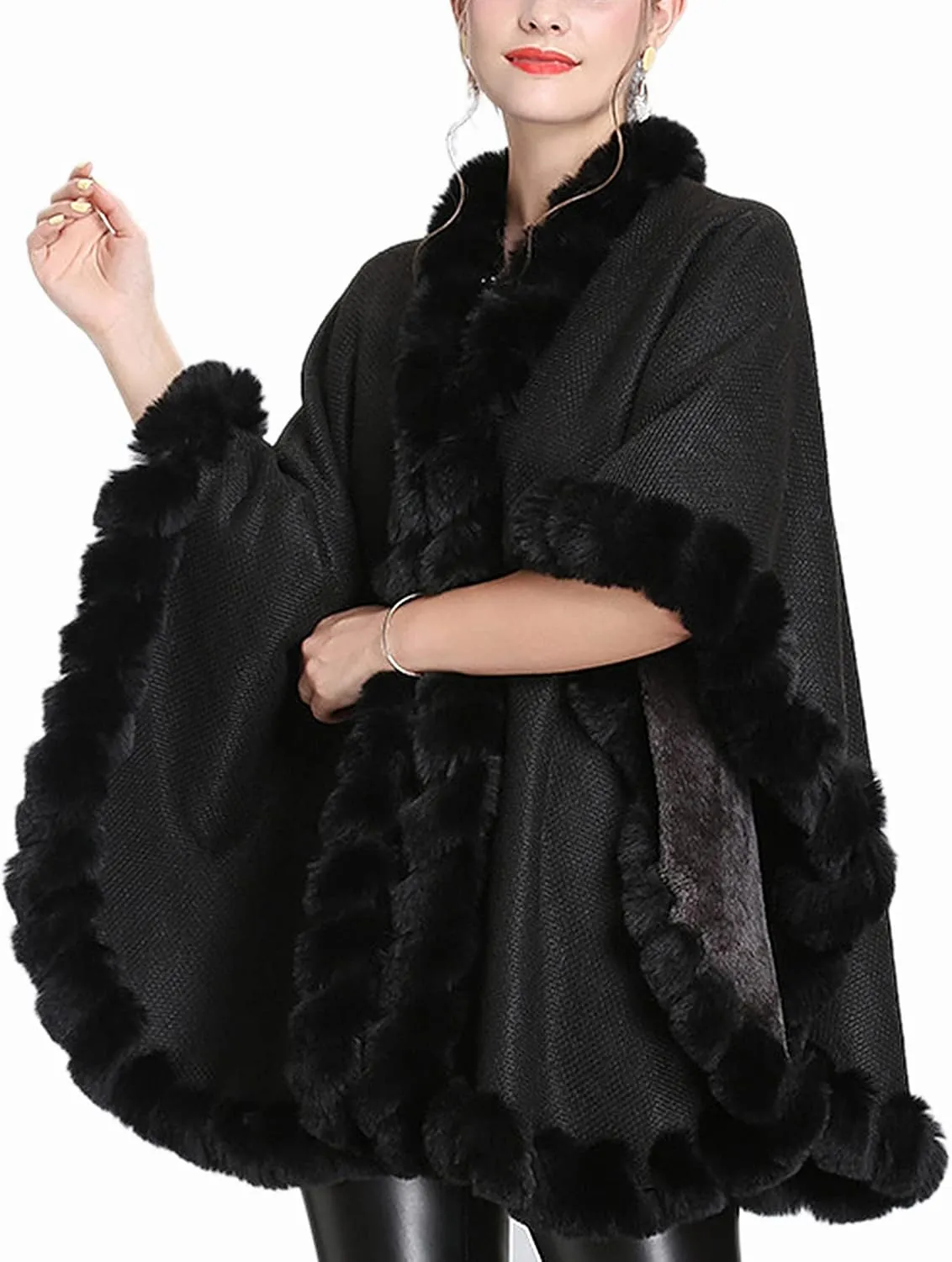 Women's Faux Rabbit Fur Cape Wrap Wool Coat Cardigan Poncho Warm
