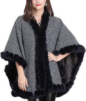 Women's Faux Rabbit Fur Cape Wrap Wool Coat Cardigan Poncho Warm