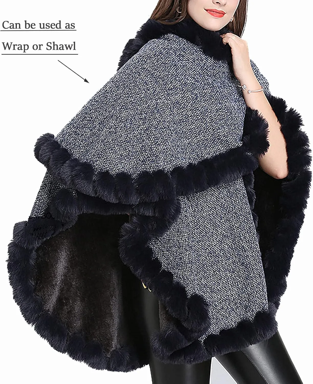 Women's Faux Rabbit Fur Cape Wrap Wool Coat Cardigan Poncho Warm