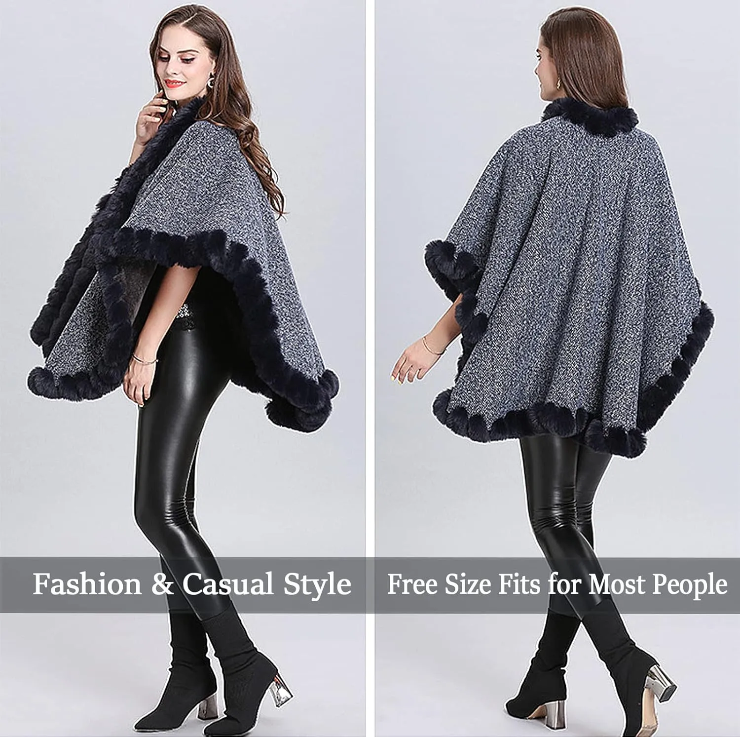 Women's Faux Rabbit Fur Cape Wrap Wool Coat Cardigan Poncho Warm