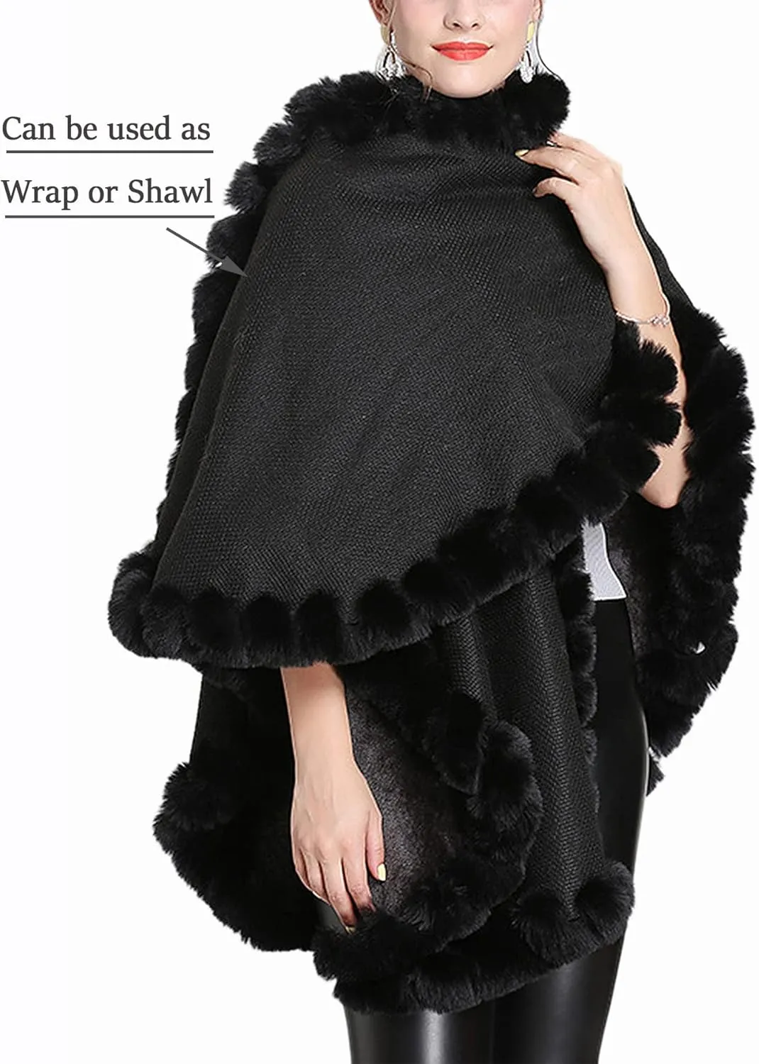 Women's Faux Rabbit Fur Cape Wrap Wool Coat Cardigan Poncho Warm