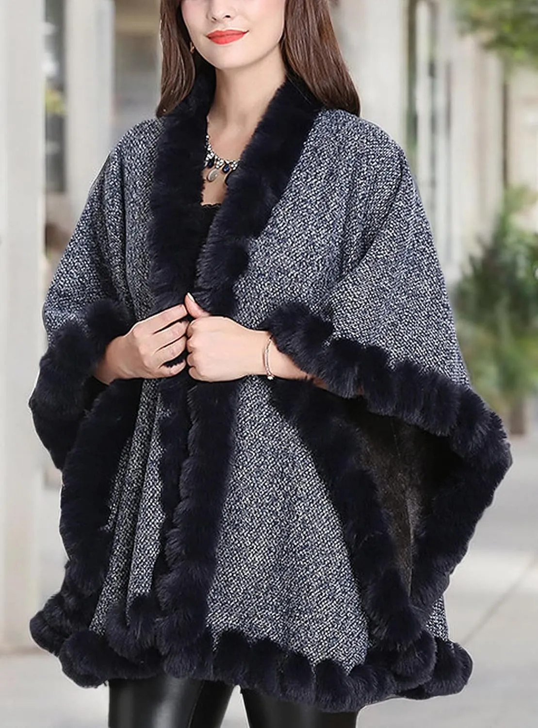 Women's Faux Rabbit Fur Cape Wrap Wool Coat Cardigan Poncho Warm