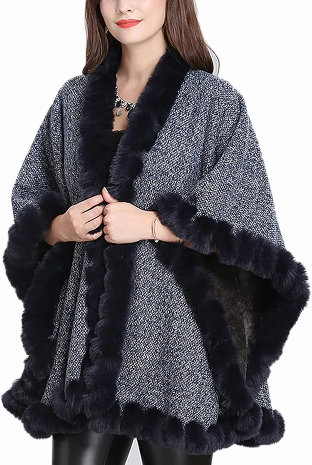 Women's Faux Rabbit Fur Cape Wrap Wool Coat Cardigan Poncho Warm