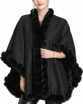 Women's Faux Rabbit Fur Cape Wrap Wool Coat Cardigan Poncho Warm