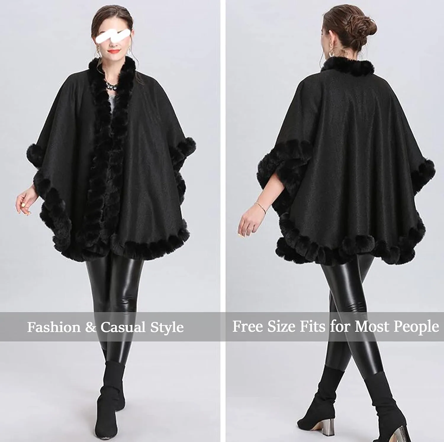 Women's Faux Rabbit Fur Cape Wrap Wool Coat Cardigan Poncho Warm
