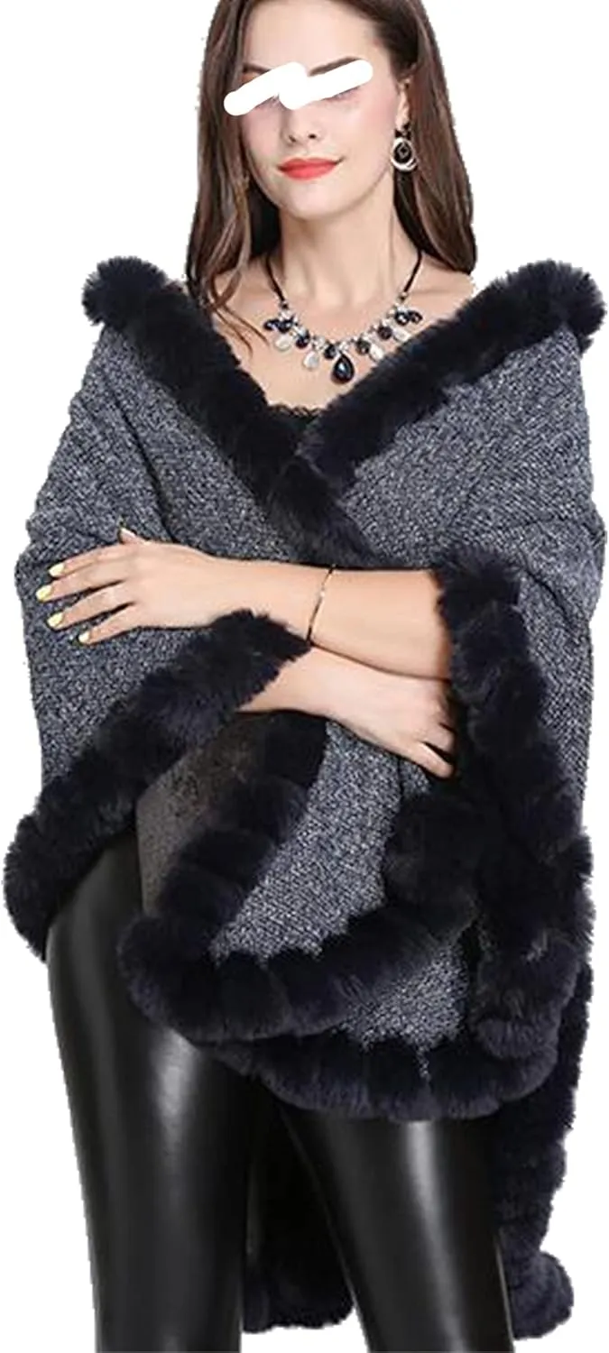 Women's Faux Rabbit Fur Cape Wrap Wool Coat Cardigan Poncho Warm