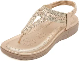 Womens Flip Flops Dressy Boho Flat Sandals Summer Flower Sandals Elastic Ankle Strap Sandals Casual Walking Shoes
