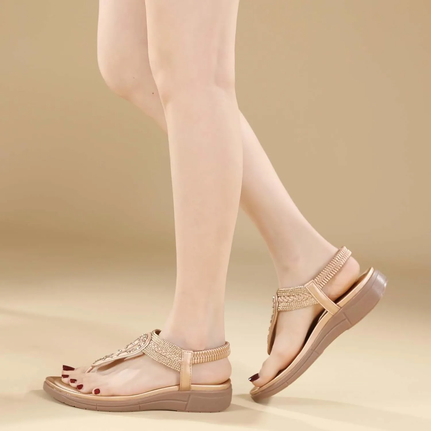 Womens Flip Flops Dressy Boho Flat Sandals Summer Flower Sandals Elastic Ankle Strap Sandals Casual Walking Shoes