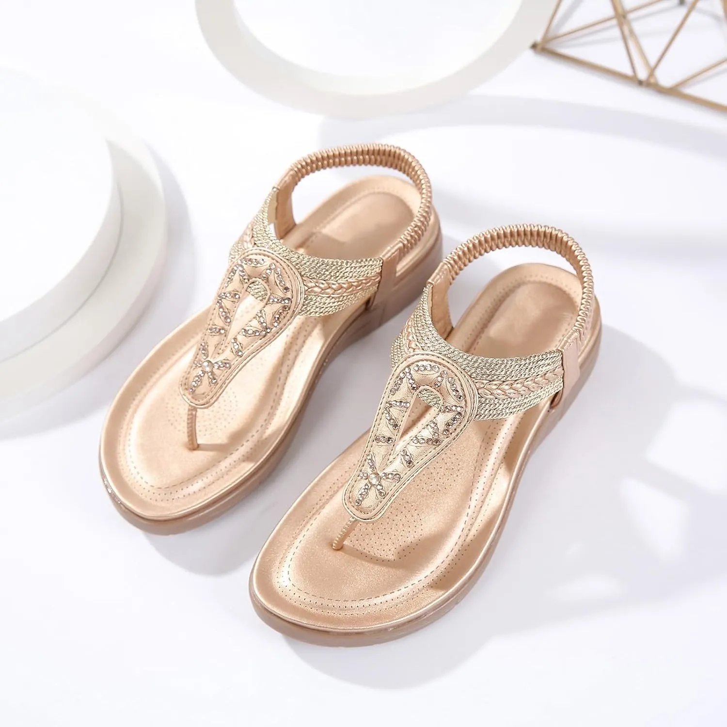 Womens Flip Flops Dressy Boho Flat Sandals Summer Flower Sandals Elastic Ankle Strap Sandals Casual Walking Shoes