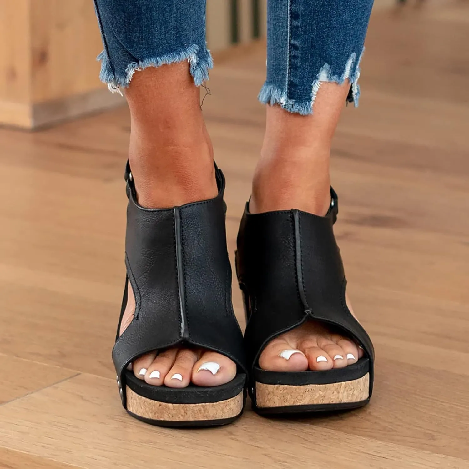 Women's Low Wedge Heels Summer Dressy Platform Sandals Cork Cushion Elastic Ankle Strap Slides Sandals Lightweight for All Day Wear Comfortable Outdoor Shoes