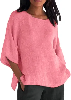 Women's Summer Tops Trendy Comfy Cotton Linen Shirts Loose Soft Linen Blouse Round Neck Oversized Tunic Blouses